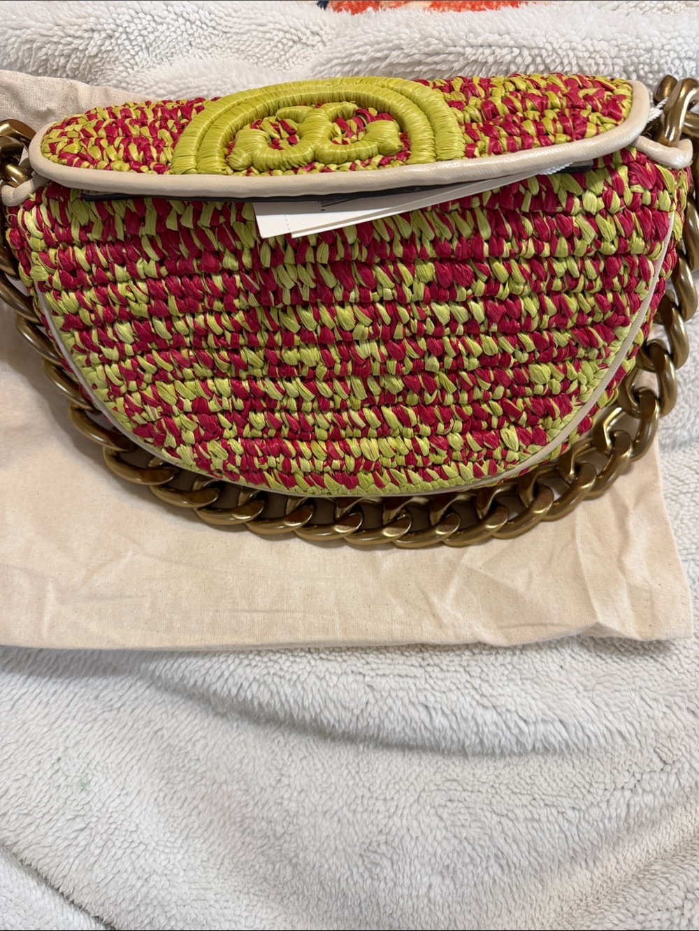 Tory Burch Lime and Raspberry Woven Shoulder Bag with Chain.